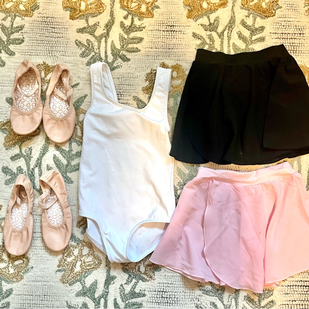 NWOT/VGUC Ballet Bundle: Wear Moi Leotard, Skirts, Bloch Ballet Slippers (4-6)